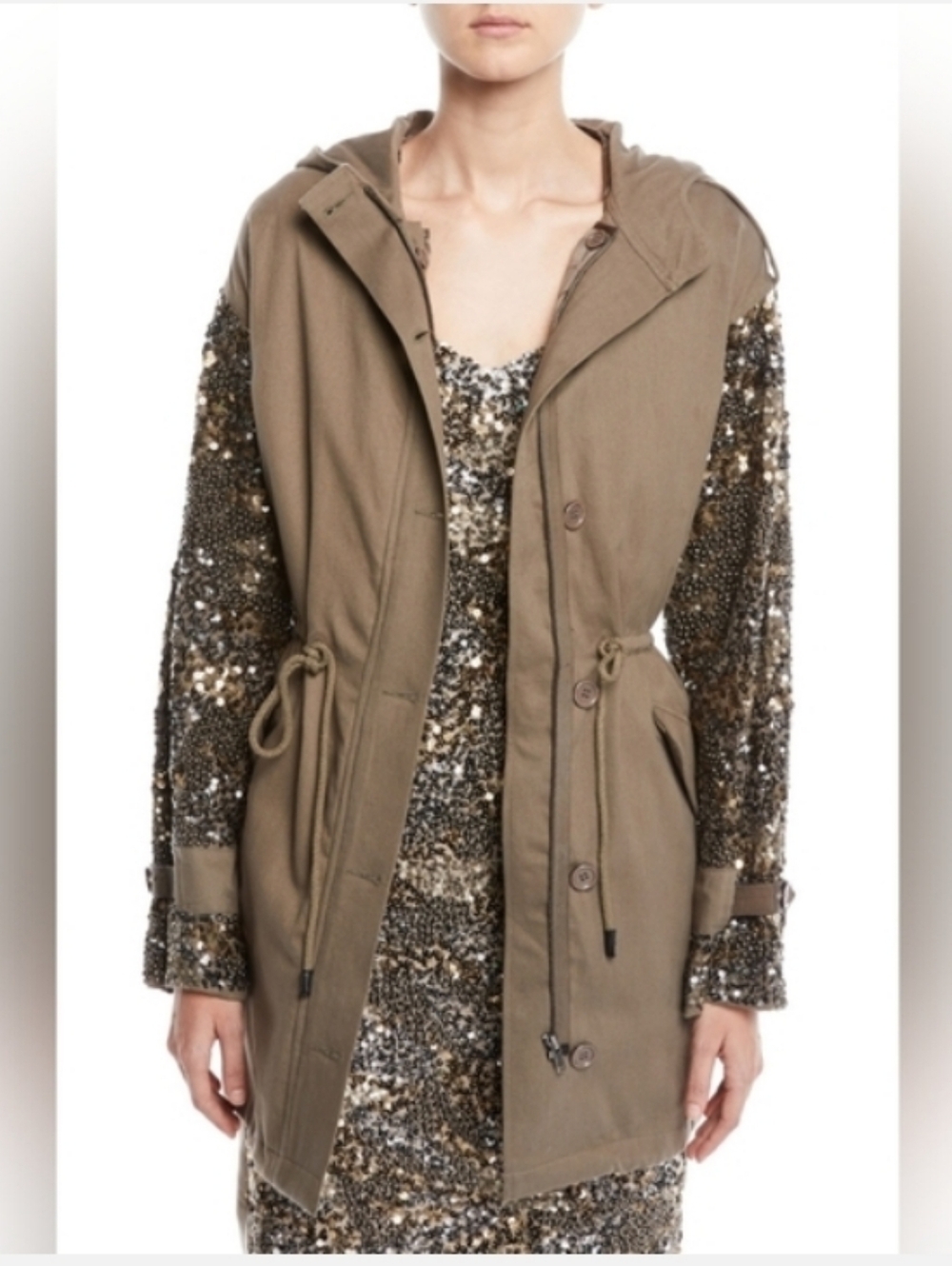 JOIE Tadita Embellished-Sleeve Coat with Sequins In Army Green Size Large